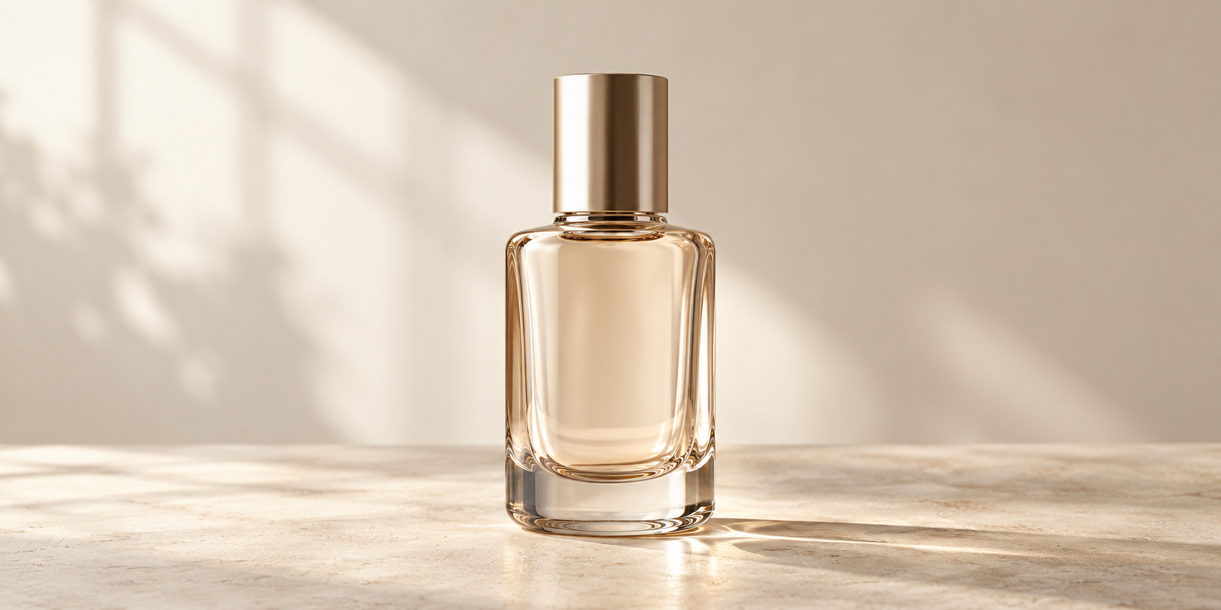 A single glass cosmetic bottle in soft light, conceptual image