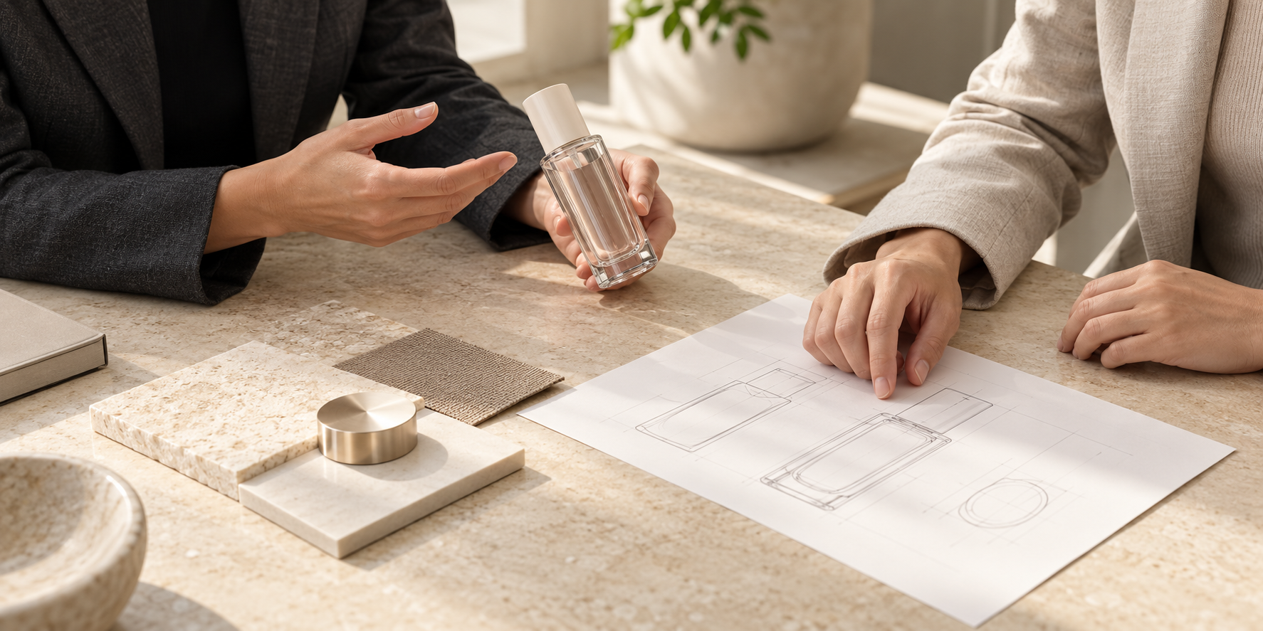 Two professionals discussing a packaging sample and design documents, with only hands and partial clothing visible, conceptual image